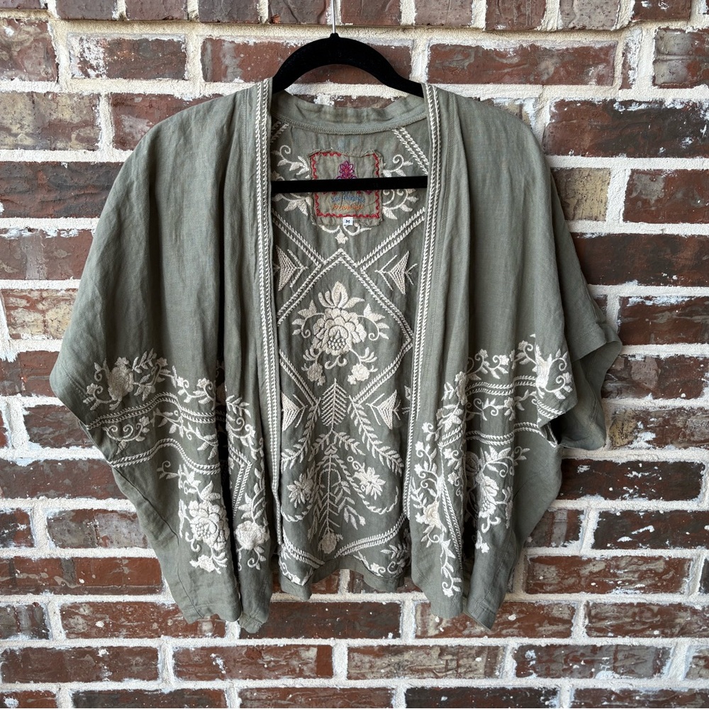 Johnny Was LA Tasya Bolero Olive Embroidered Linen Cropped Cardigan Size M - Picture 11 of 16